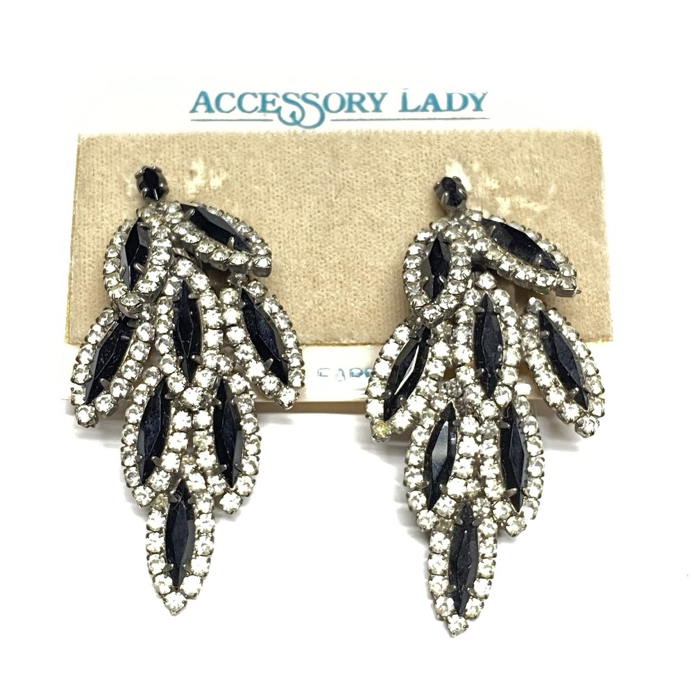 Stunning Vintage Accessory Lady Jet Black Rhinestone Long Dangle ClipOn Earrings